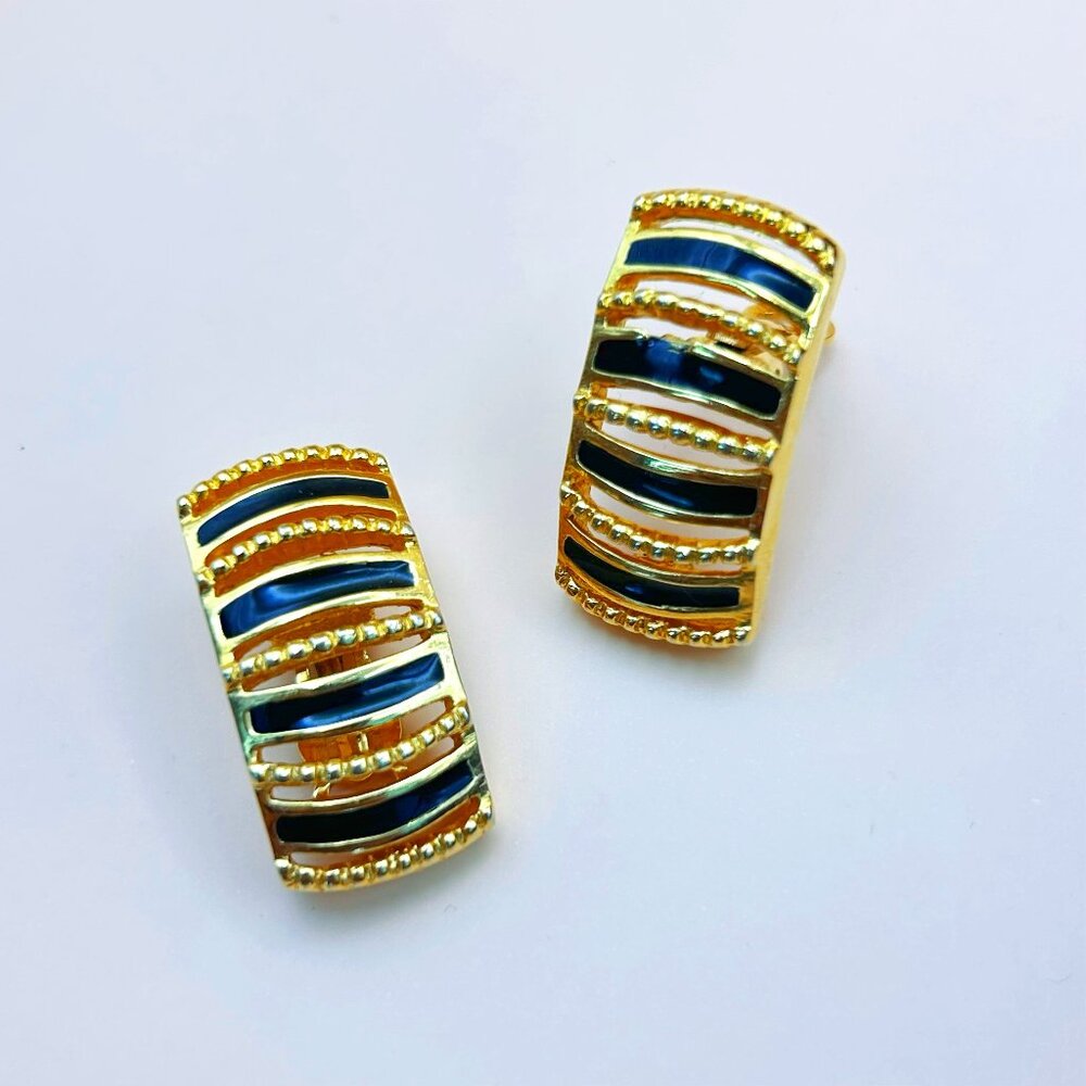 Vintage 1980s Piscitelli Clip-On Earrings, Gold Tone with Black Enamel Stripes